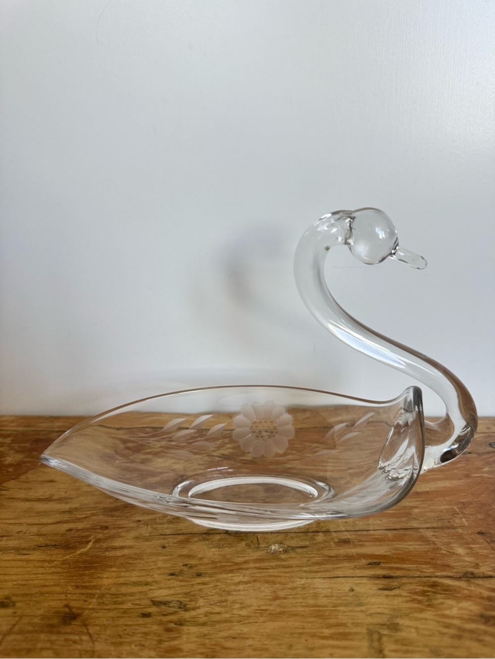 Vintage Glass Etched Swan Catchall Trinket Bowl Retro Decor